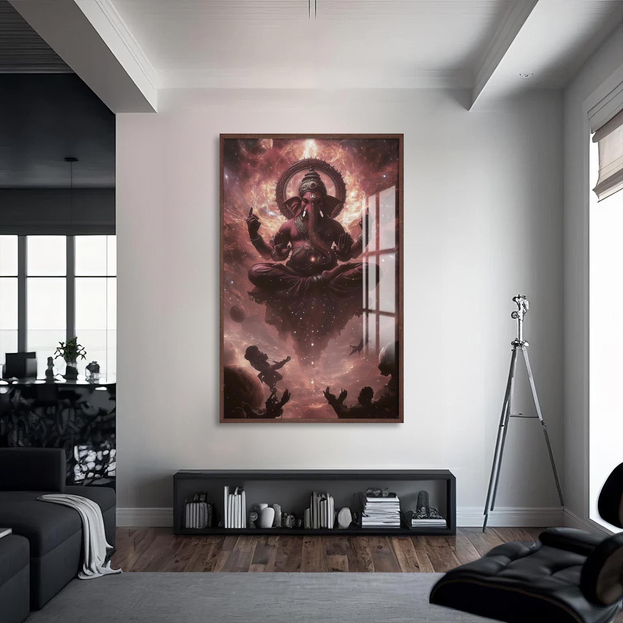 Artronauts Glass Print S | 72x46 cm | 28.3"x18.1" / Walnut Cosmic Ganesha- Hinduism Tempered Glass Wall Art