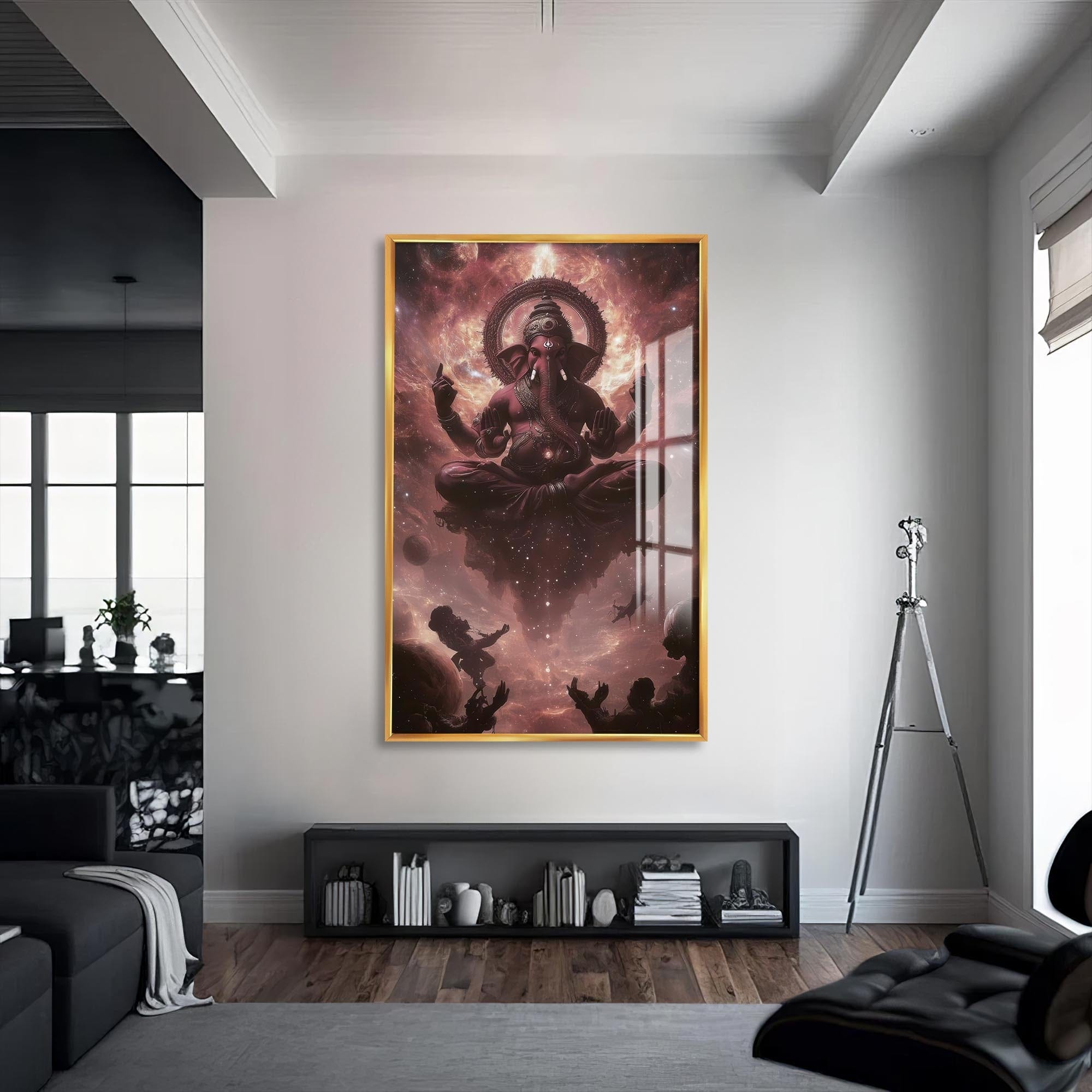 Artronauts Glass Print S | 72x46 cm | 28.3"x18.1" / Gold Cosmic Ganesha- Hinduism Tempered Glass Wall Art