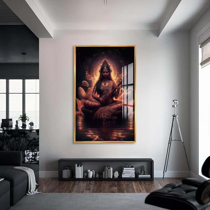 Artronauts Glass Print S | 72x46 cm | 28.3"x18.1" / Gold Veena Grace- Hinduism Tempered Glass Wall Art