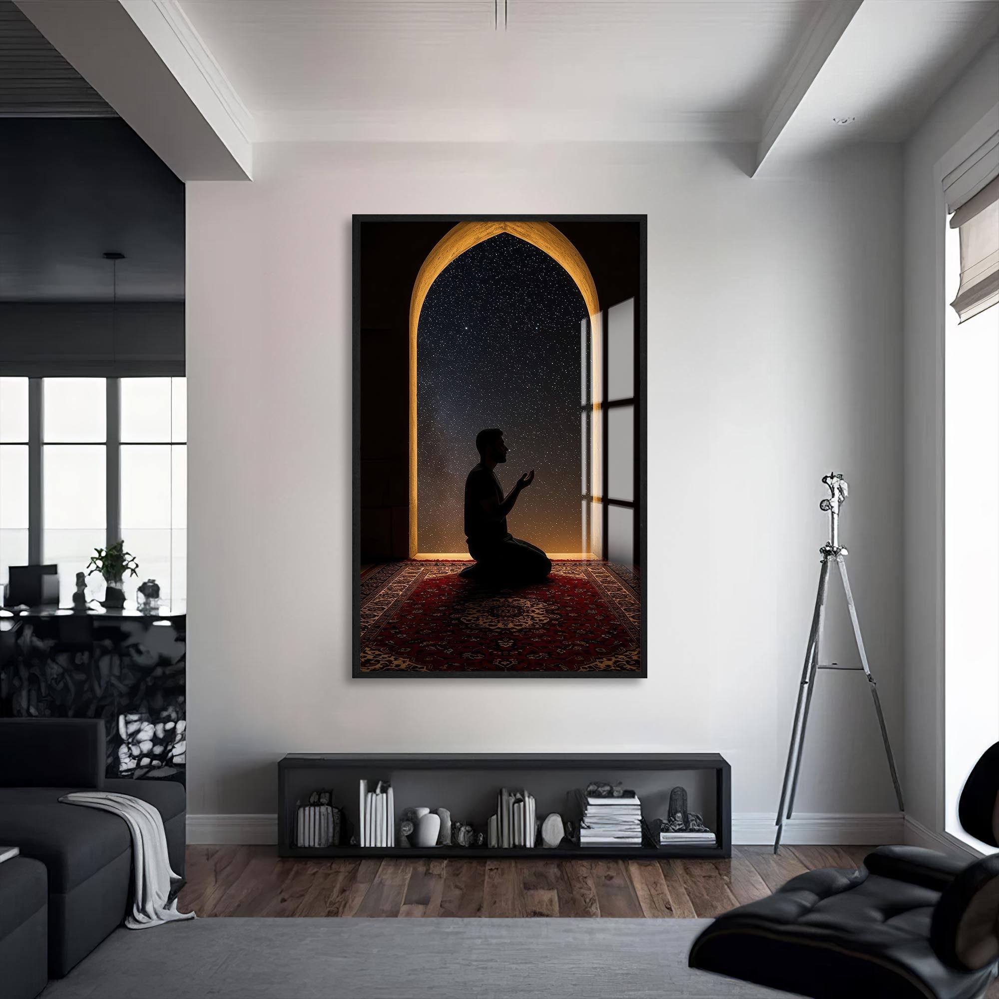 Artronauts Glass Print S | 72x46 cm | 28.3"x18.1" / Black Dua Under the Stars- Islamic Tempered Glass Wall Art