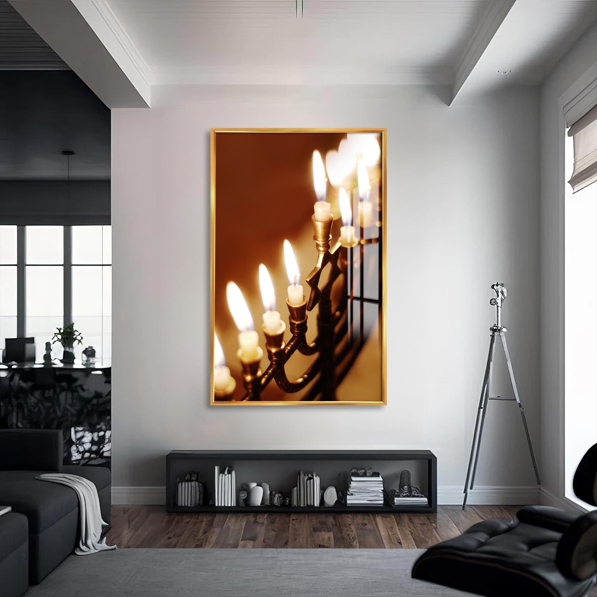 Artronauts Glass Print S | 72x46 cm | 28.3"x18.1" / Gold Menorah Candlelight- Judaism Tempered Glass Wall Art