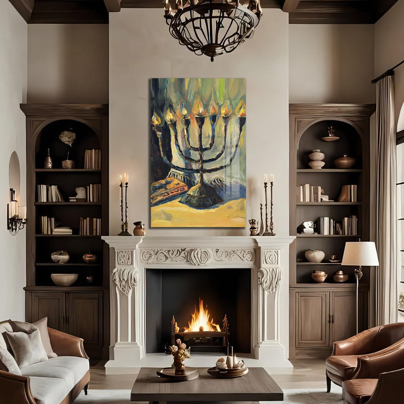Artronauts Glass Print Menorah Oil Painting- Judaism Tempered Glass Wall Art