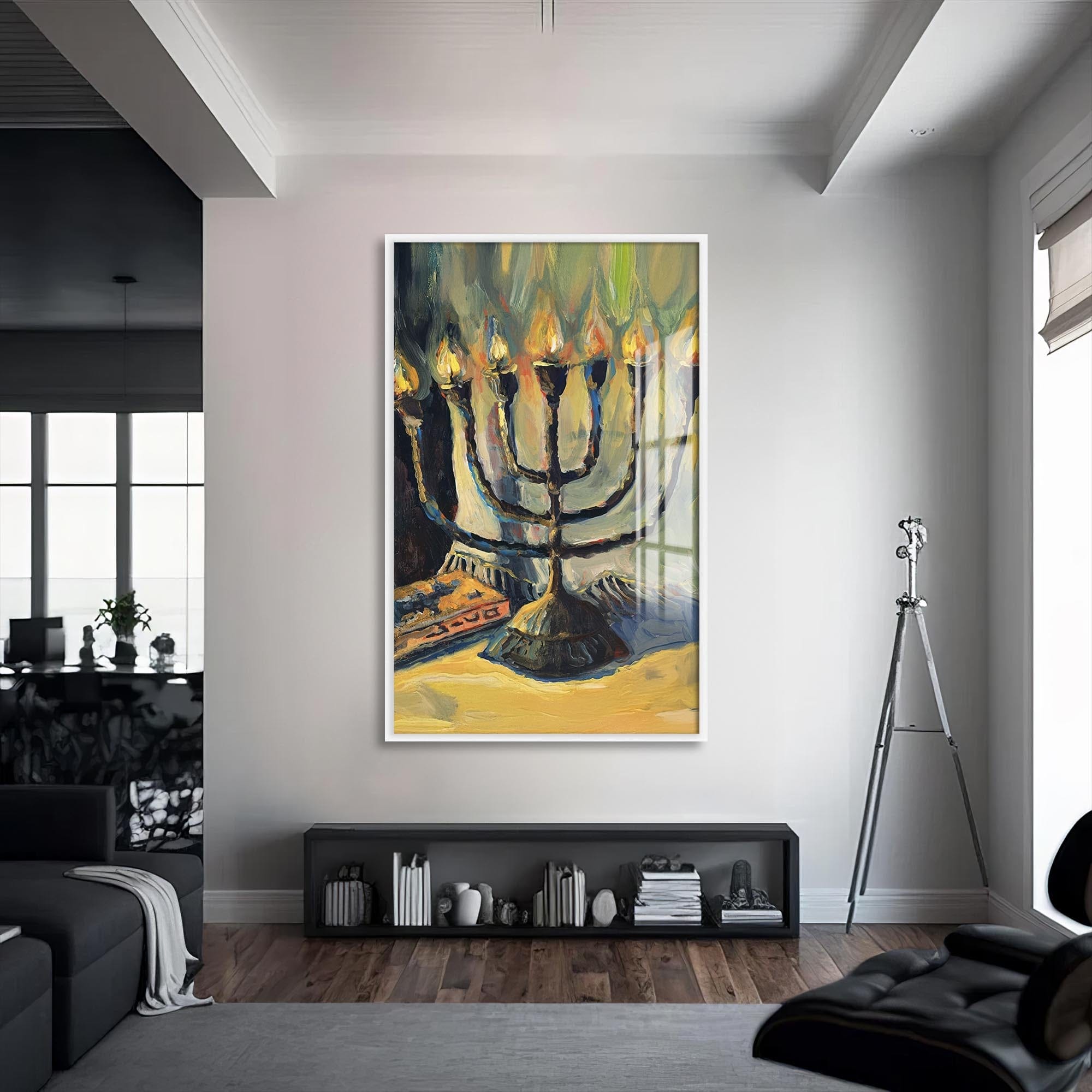Artronauts Glass Print S | 72x46 cm | 28.3"x18.1" / White Menorah Oil Painting- Judaism Tempered Glass Wall Art