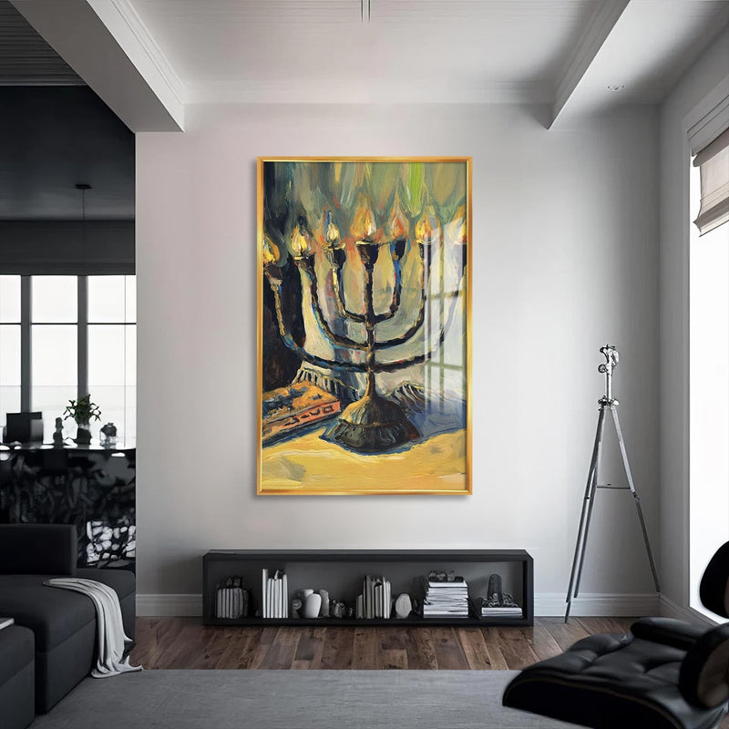 Artronauts Glass Print S | 72x46 cm | 28.3"x18.1" / Gold Menorah Oil Painting- Judaism Tempered Glass Wall Art