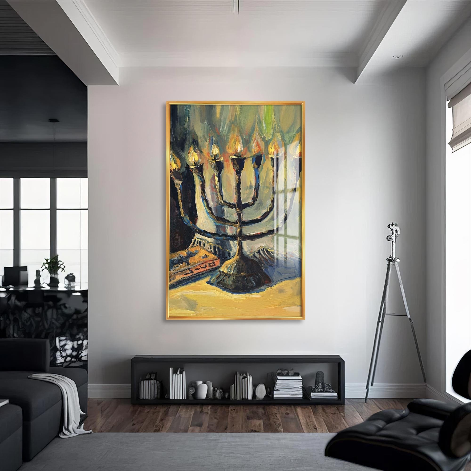 Artronauts Glass Print S | 72x46 cm | 28.3"x18.1" / Gold Menorah Oil Painting- Judaism Tempered Glass Wall Art