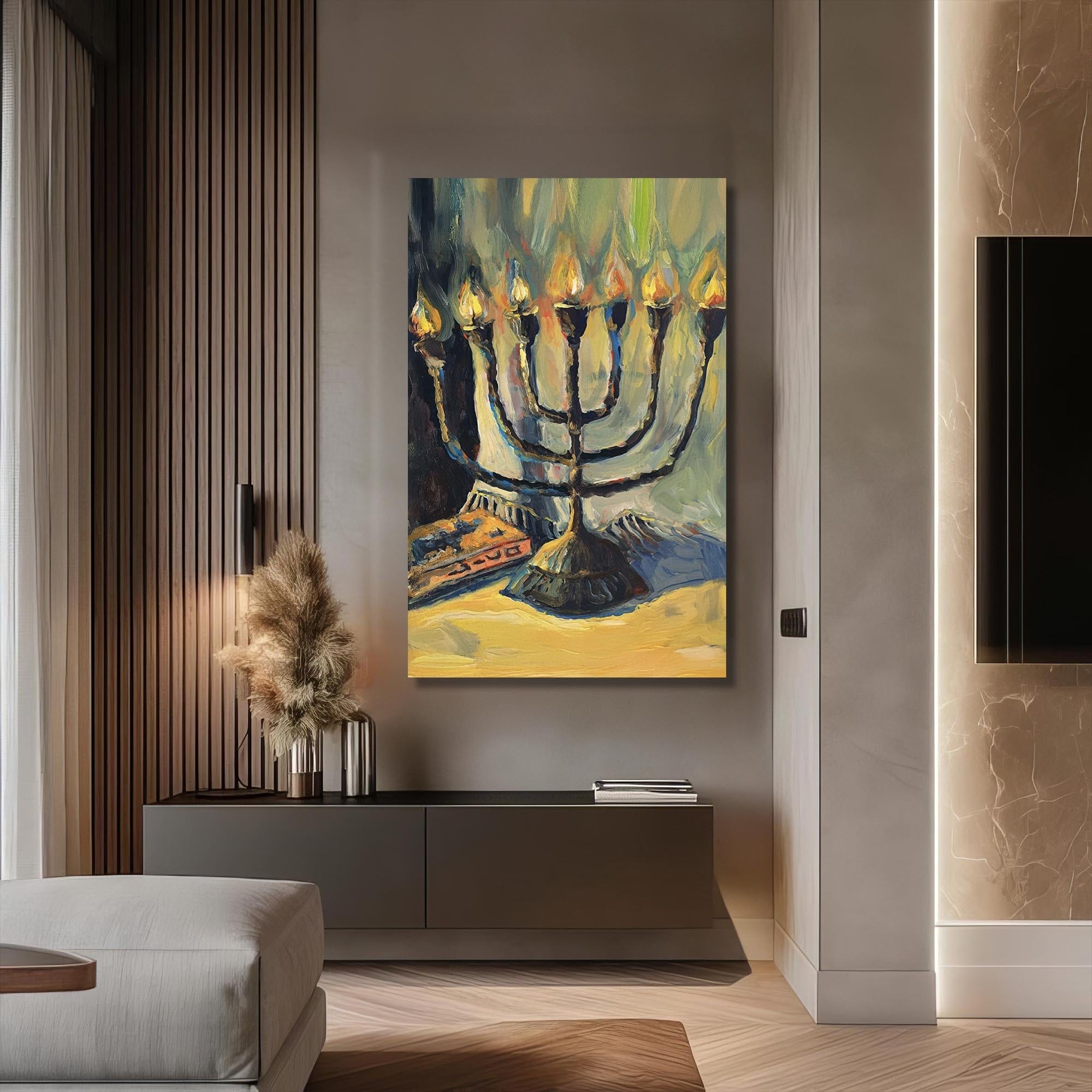 Artronauts Glass Print Menorah Oil Painting- Judaism Tempered Glass Wall Art