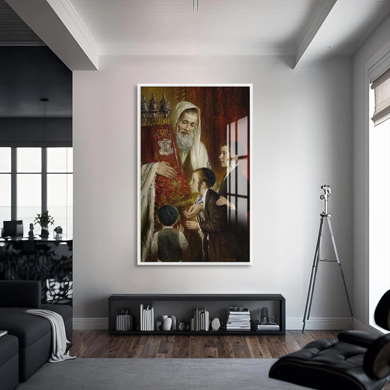 Artronauts Glass Print S | 72x46 cm | 28.3"x18.1" / White Rabbi Teaching- Judaism Tempered Glass Wall Art