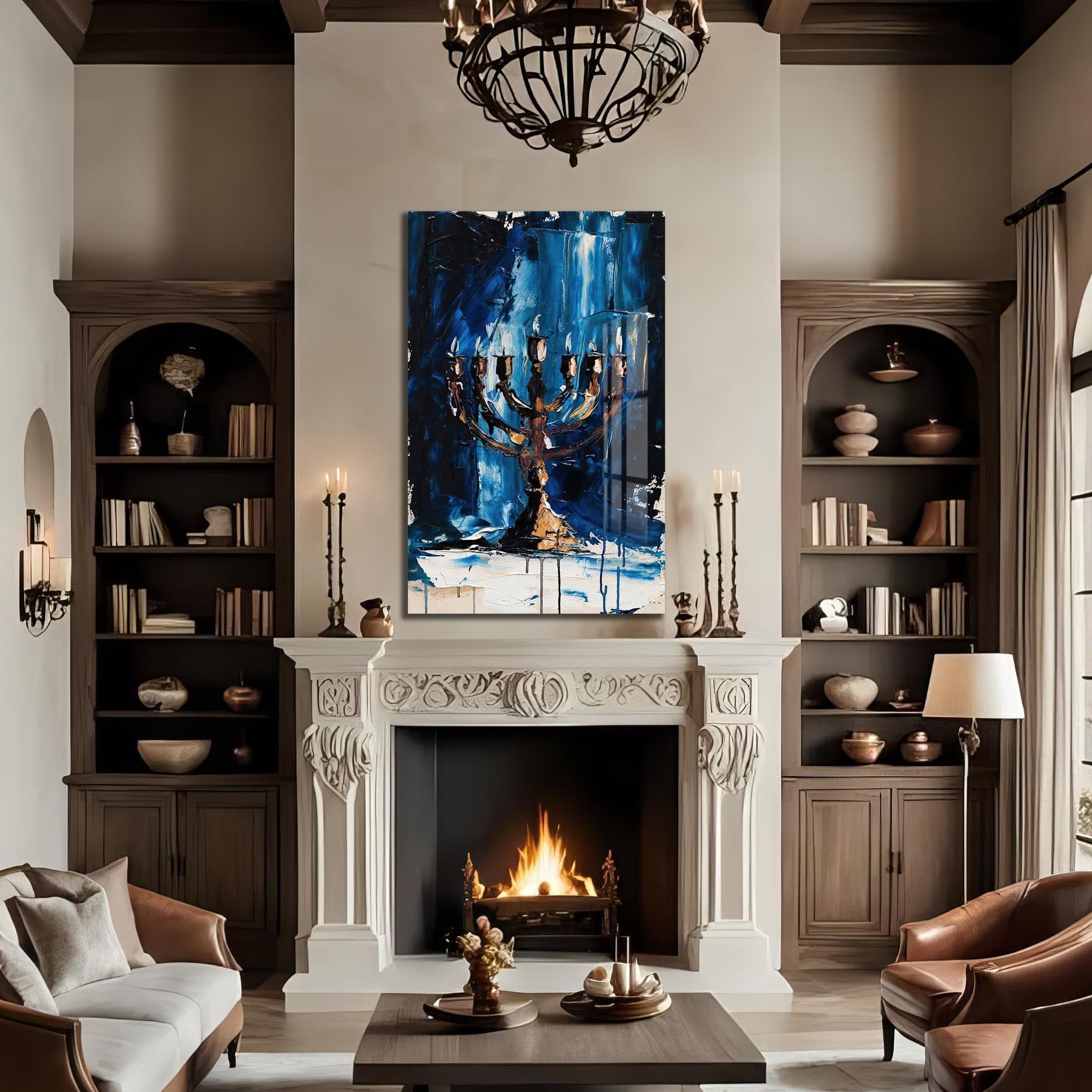 Artronauts Glass Print Blue Menorah- Judaism Tempered Glass Wall Art