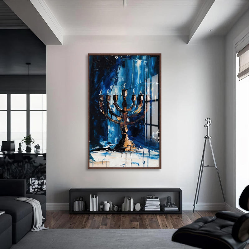 Artronauts Glass Print S | 72x46 cm | 28.3"x18.1" / Walnut Blue Menorah- Judaism Tempered Glass Wall Art