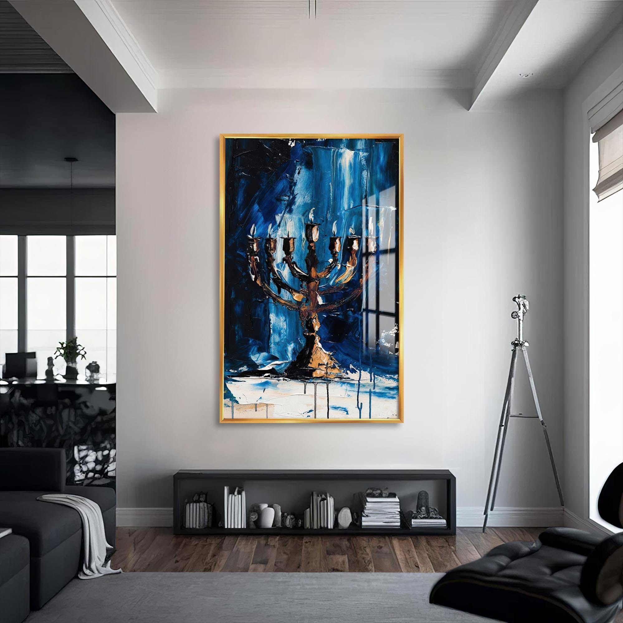 Artronauts Glass Print S | 72x46 cm | 28.3"x18.1" / Gold Blue Menorah- Judaism Tempered Glass Wall Art