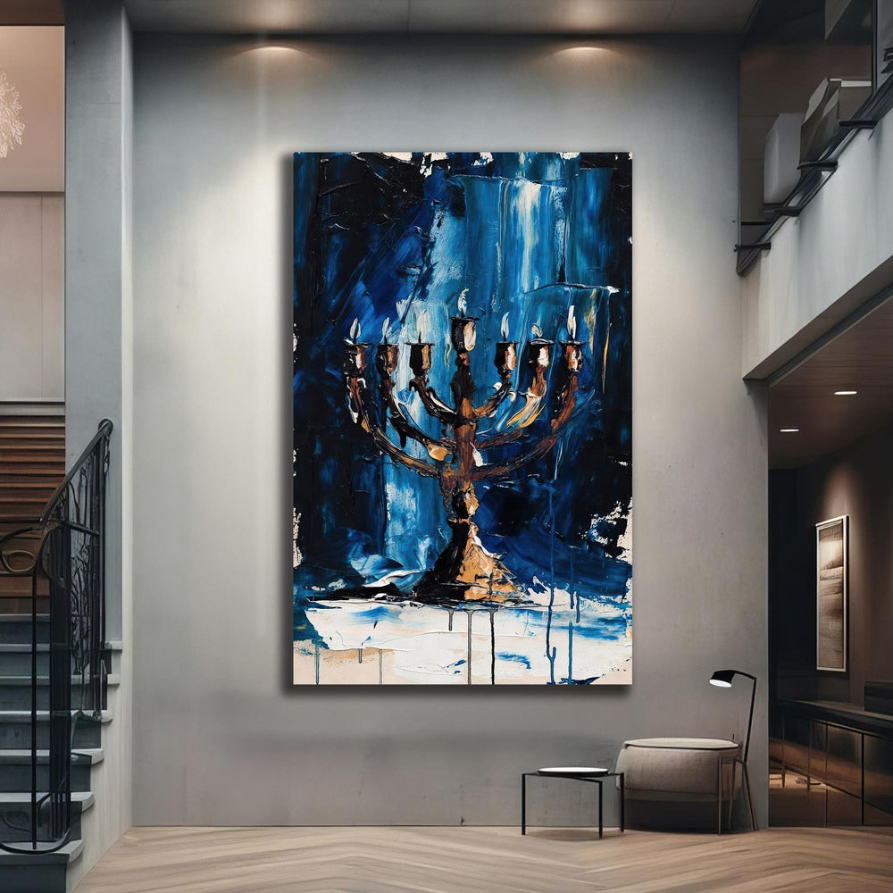Artronauts Glass Print Blue Menorah- Judaism Tempered Glass Wall Art