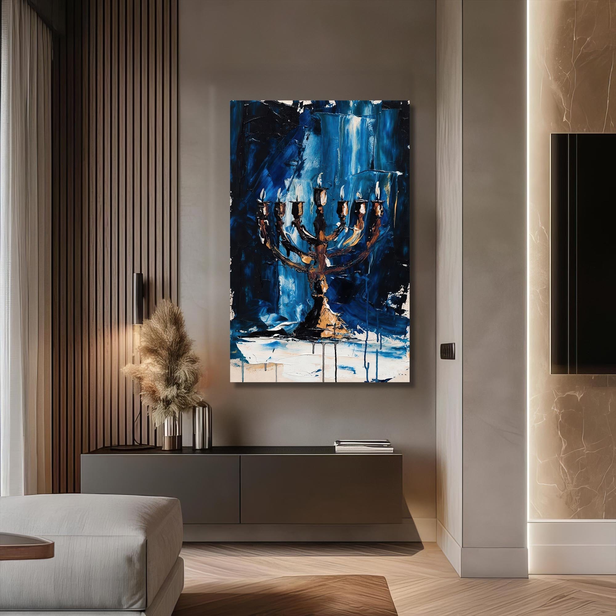 Artronauts Glass Print Blue Menorah- Judaism Tempered Glass Wall Art