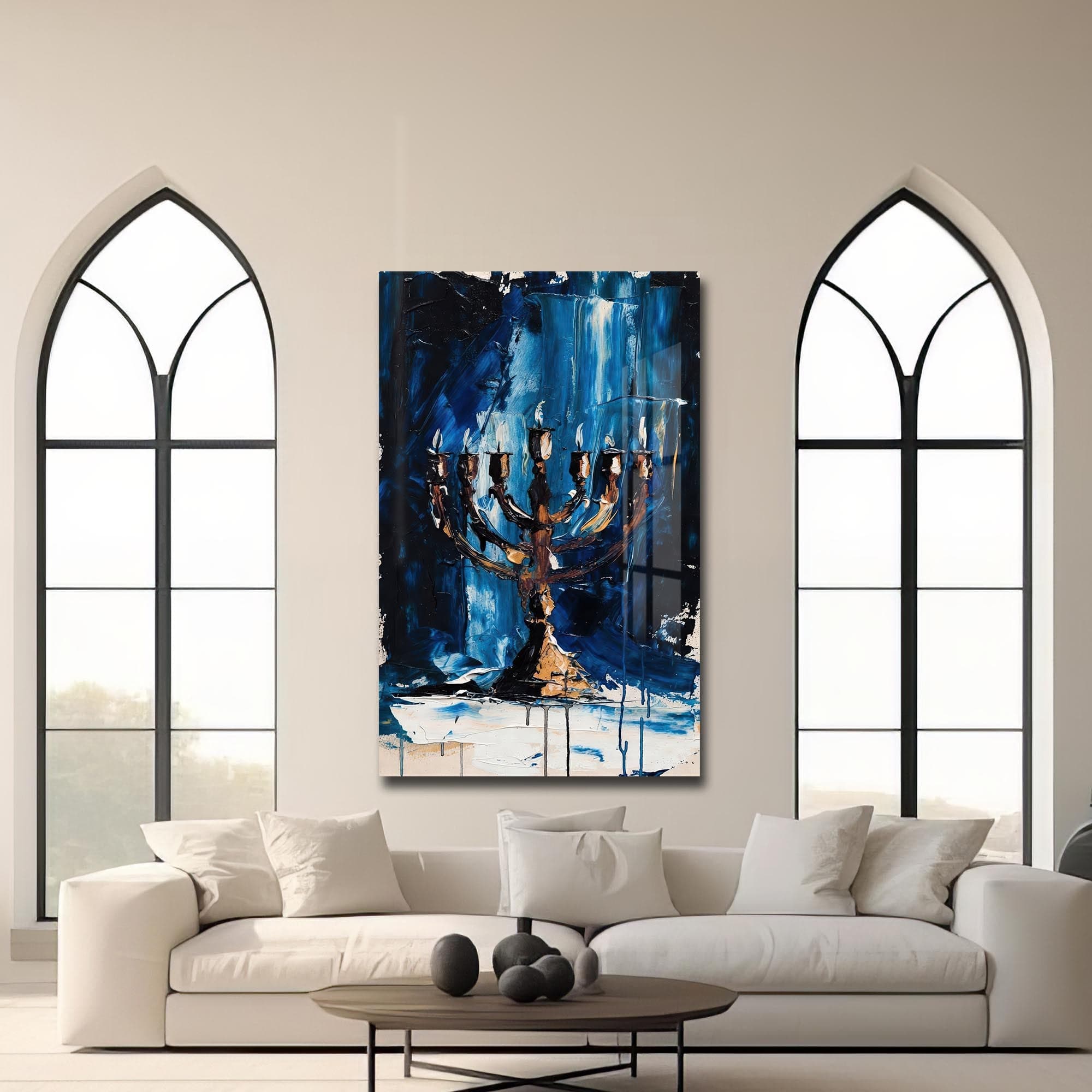 Artronauts Glass Print Blue Menorah- Judaism Tempered Glass Wall Art