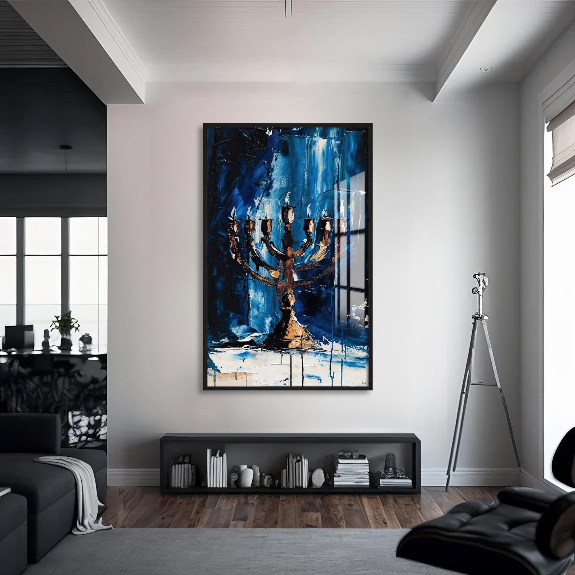 Artronauts Glass Print S | 72x46 cm | 28.3"x18.1" / Black Blue Menorah- Judaism Tempered Glass Wall Art