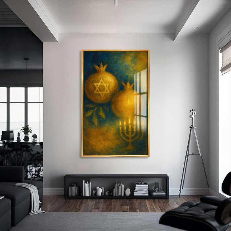 Artronauts Glass Print S | 72x46 cm | 28.3"x18.1" / Gold Hanukkah Blessing- Judaism Tempered Glass Wall Art