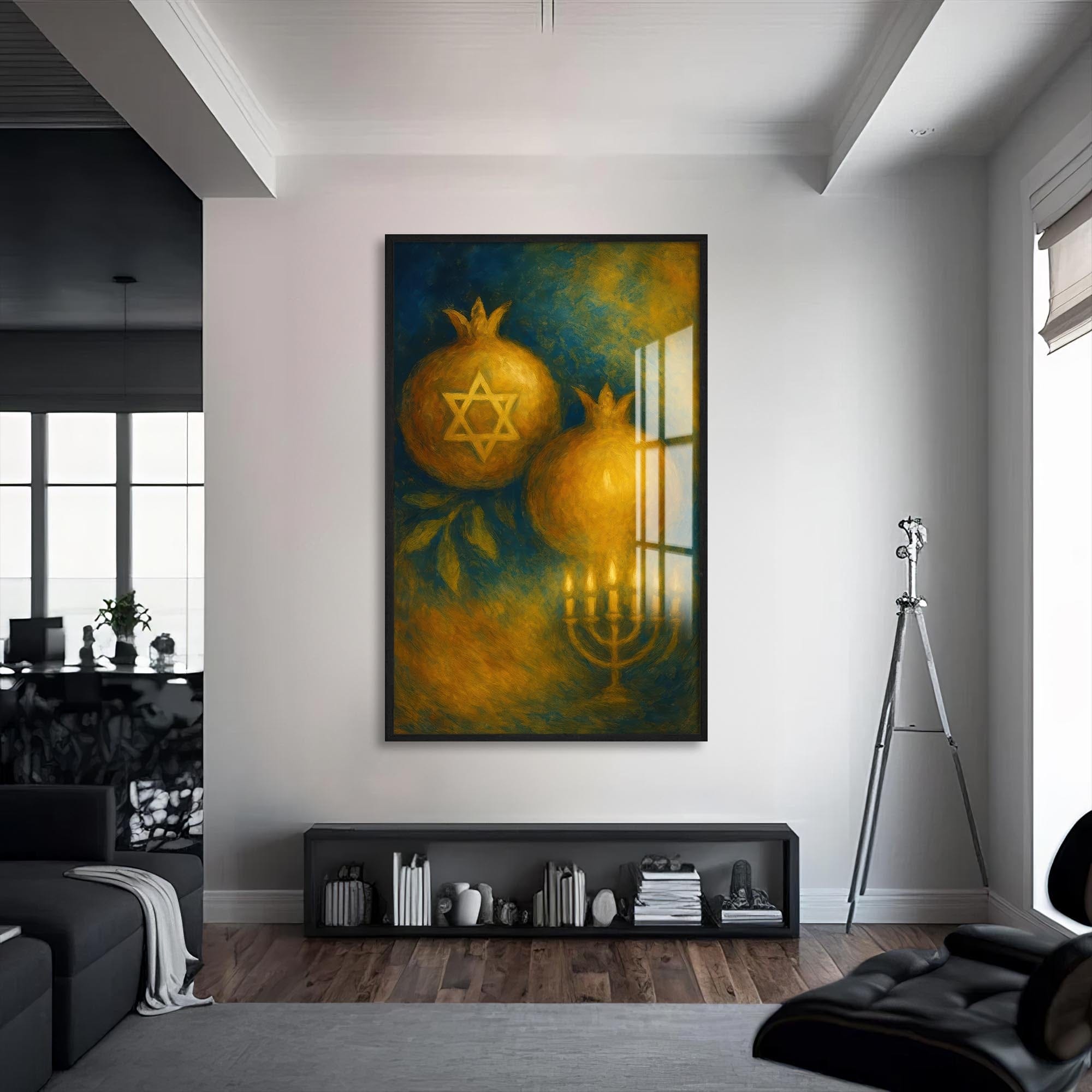 Artronauts Glass Print S | 72x46 cm | 28.3"x18.1" / Black Hanukkah Blessing- Judaism Tempered Glass Wall Art