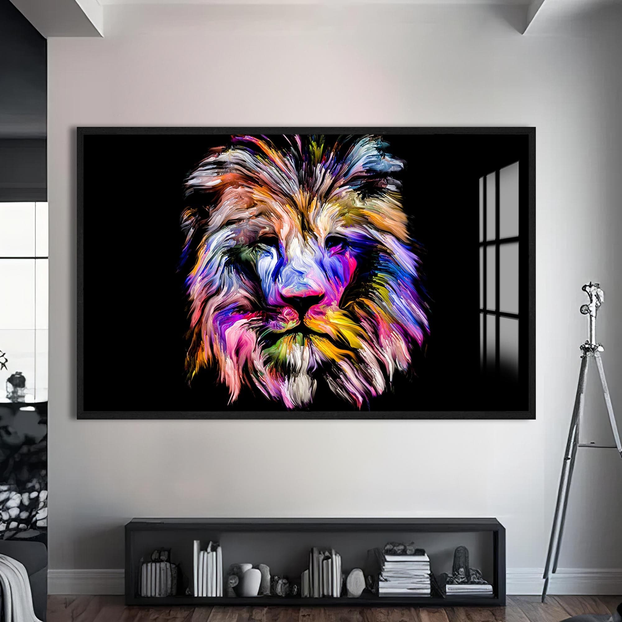 Artronauts Glass Print S | 72x46 cm | 28.3"x18.1" / Black Chromatic Mane Lion – Animal Tempered Glass Wall Art