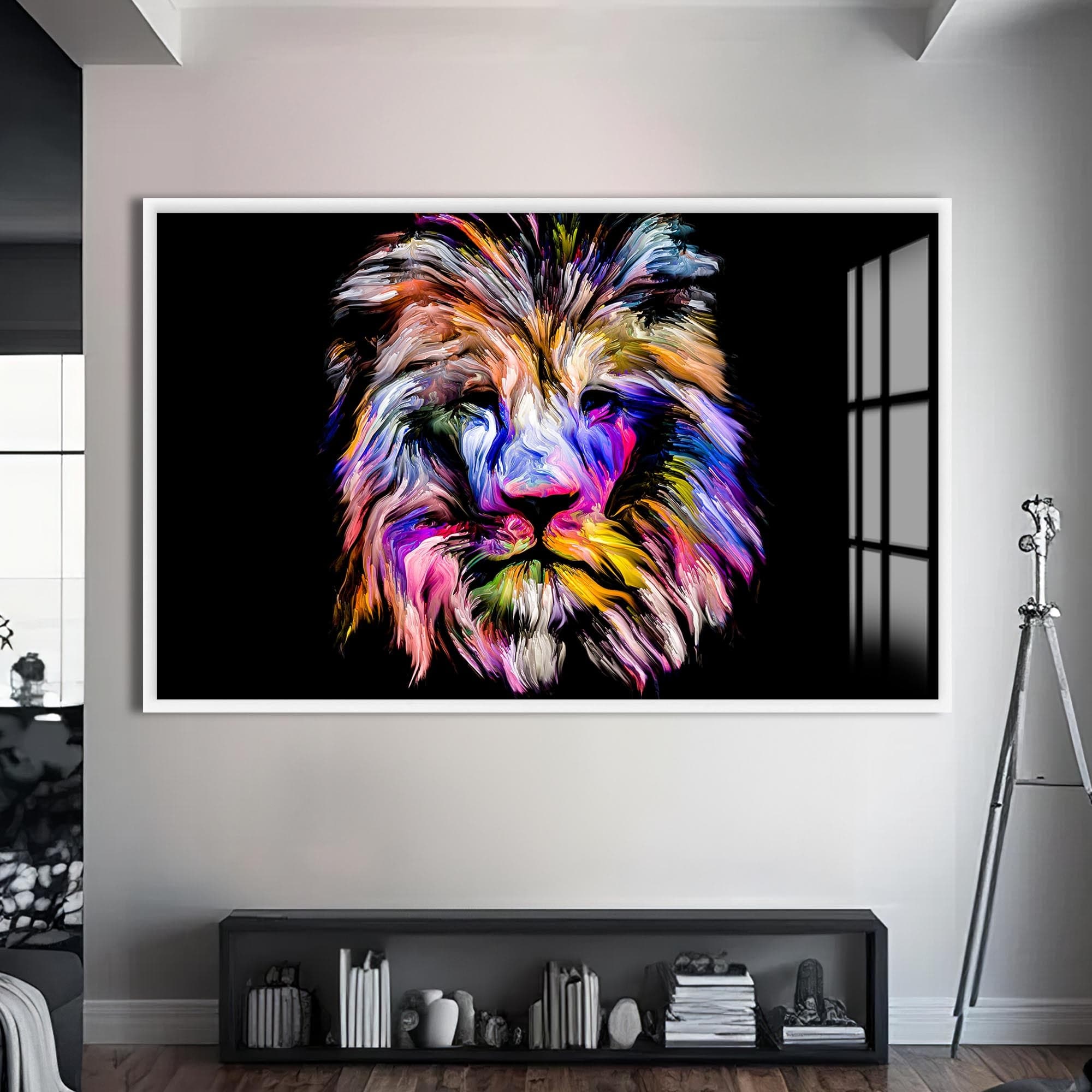 Artronauts Glass Print S | 72x46 cm | 28.3"x18.1" / White Chromatic Mane Lion – Animal Tempered Glass Wall Art