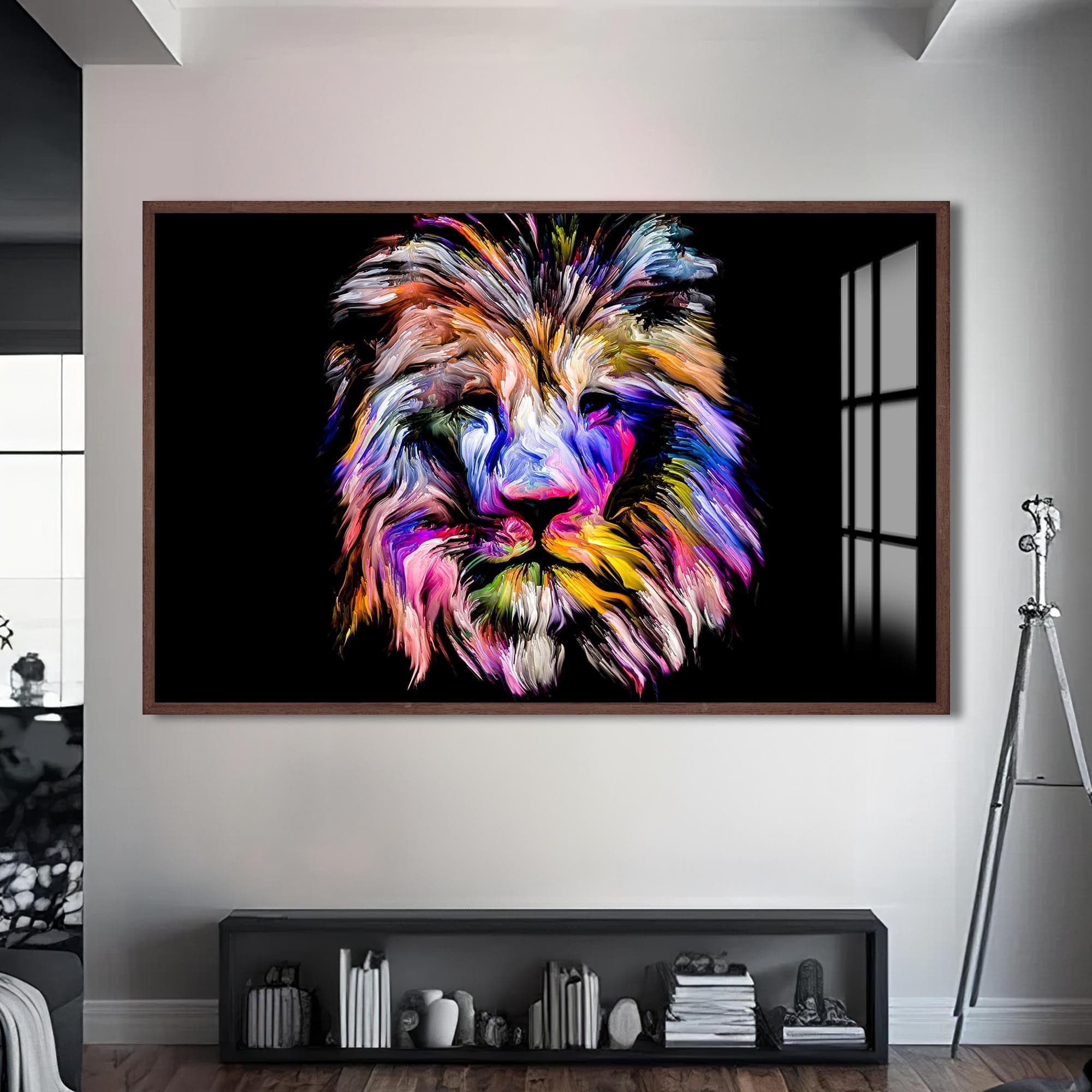 Artronauts Glass Print S | 72x46 cm | 28.3"x18.1" / Walnut Chromatic Mane Lion – Animal Tempered Glass Wall Art