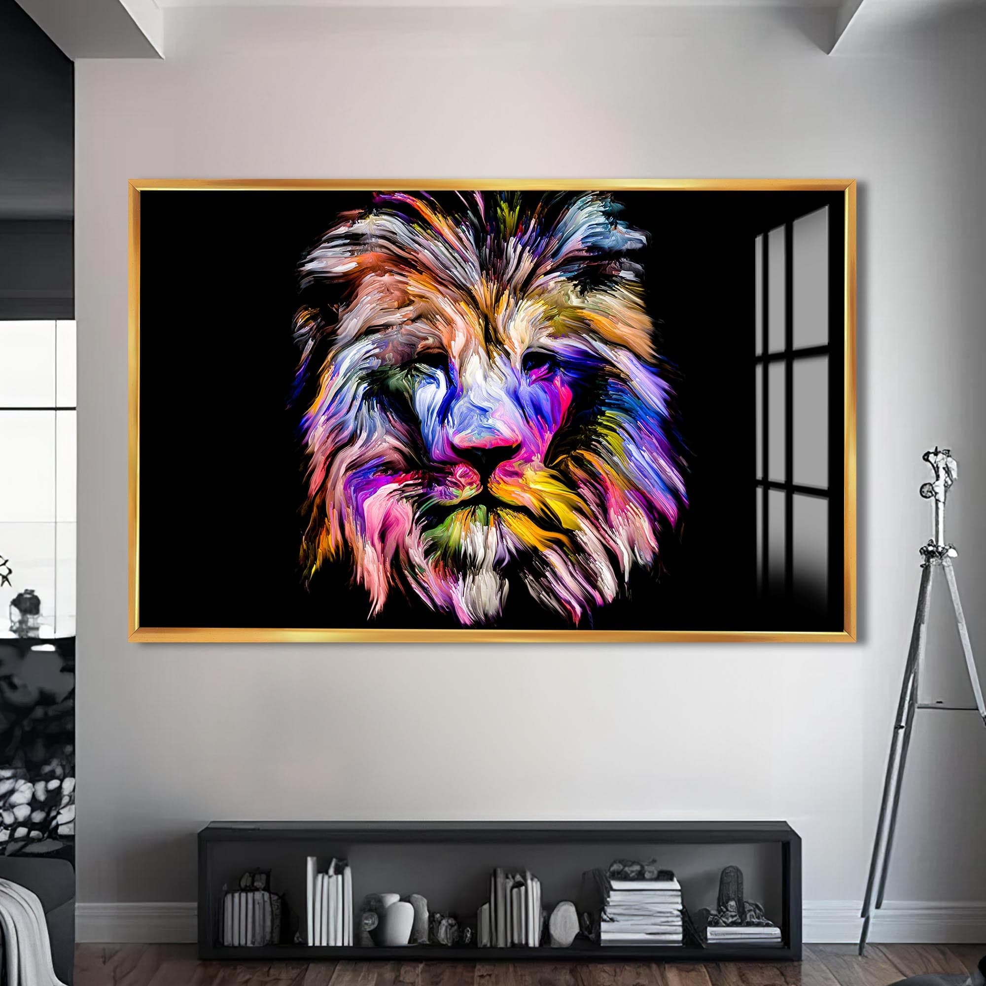 Artronauts Glass Print S | 72x46 cm | 28.3"x18.1" / Gold Chromatic Mane Lion – Animal Tempered Glass Wall Art