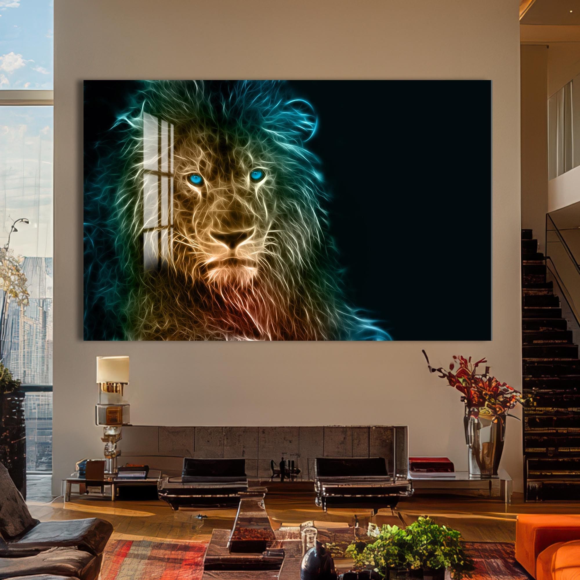 Artronauts Glass Print Neon Spirit Lion – Animal Tempered Glass Wall Art