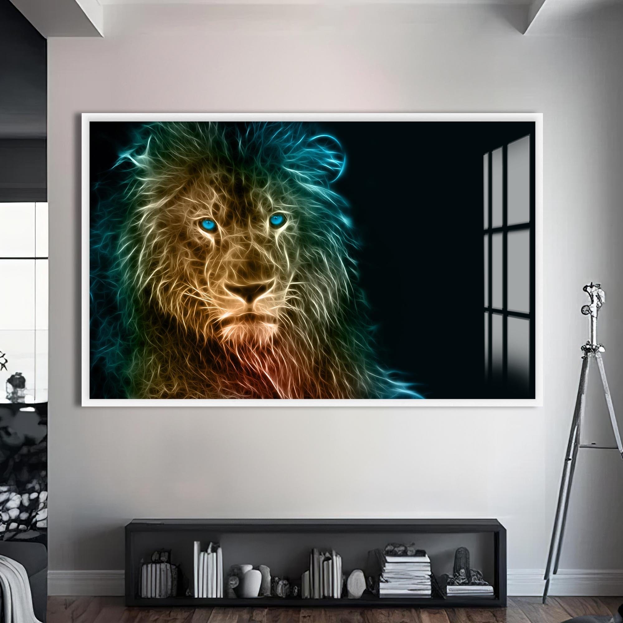 Artronauts Glass Print S | 72x46 cm | 28.3"x18.1" / White Neon Spirit Lion – Animal Tempered Glass Wall Art