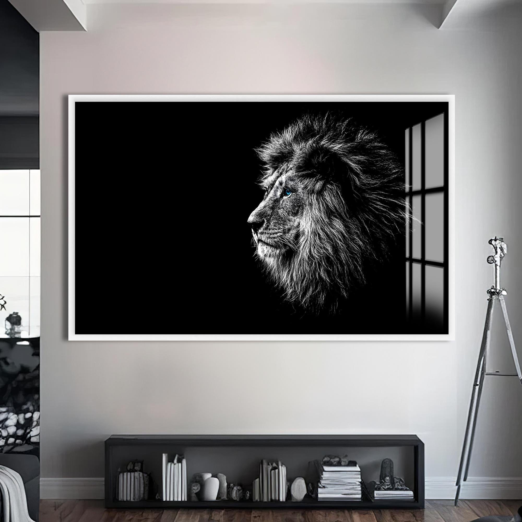 Artronauts Glass Print S | 72x46 cm | 28.3"x18.1" / White Shadow Profile Lion – Animal Tempered Glass Wall Art