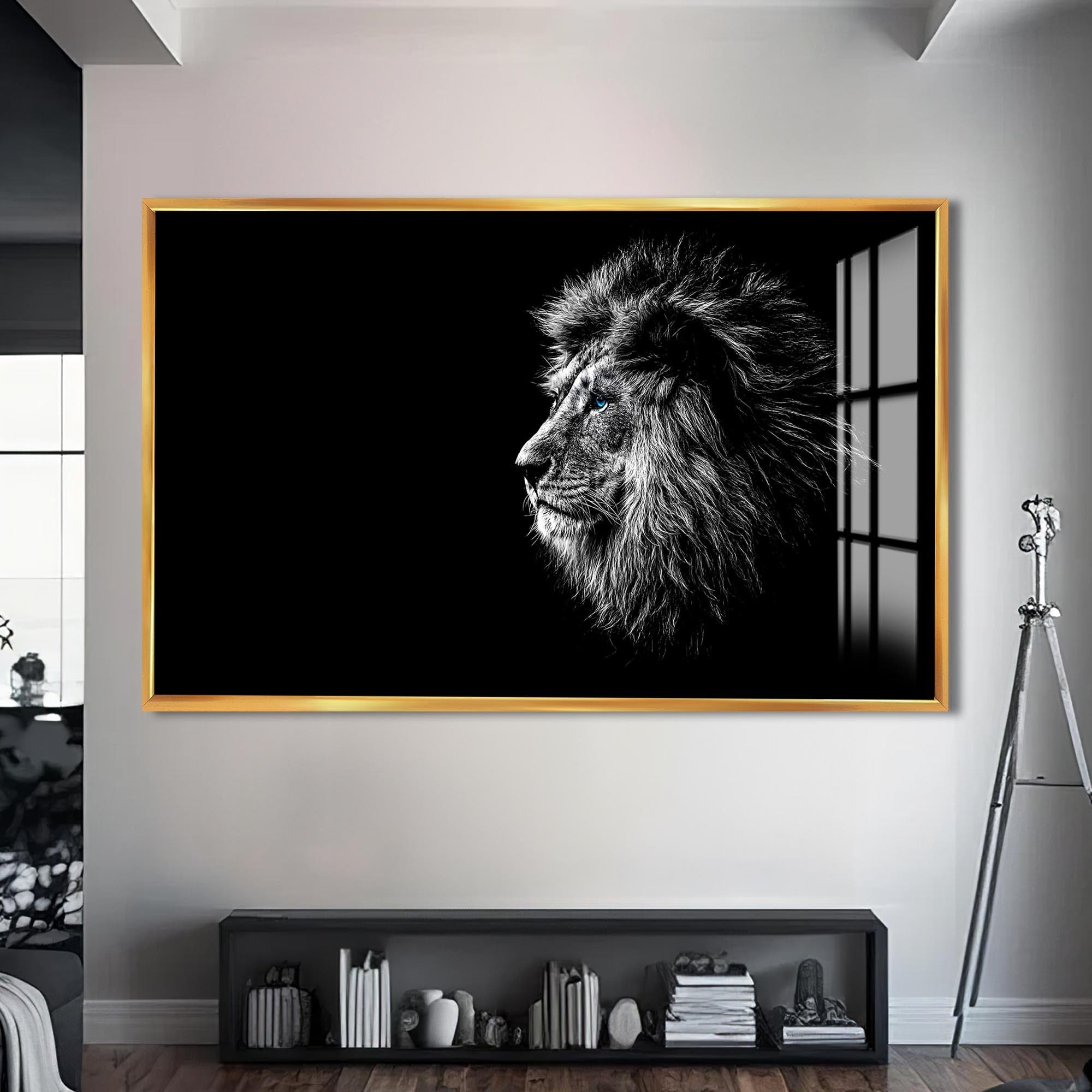Artronauts Glass Print S | 72x46 cm | 28.3"x18.1" / Gold Shadow Profile Lion – Animal Tempered Glass Wall Art