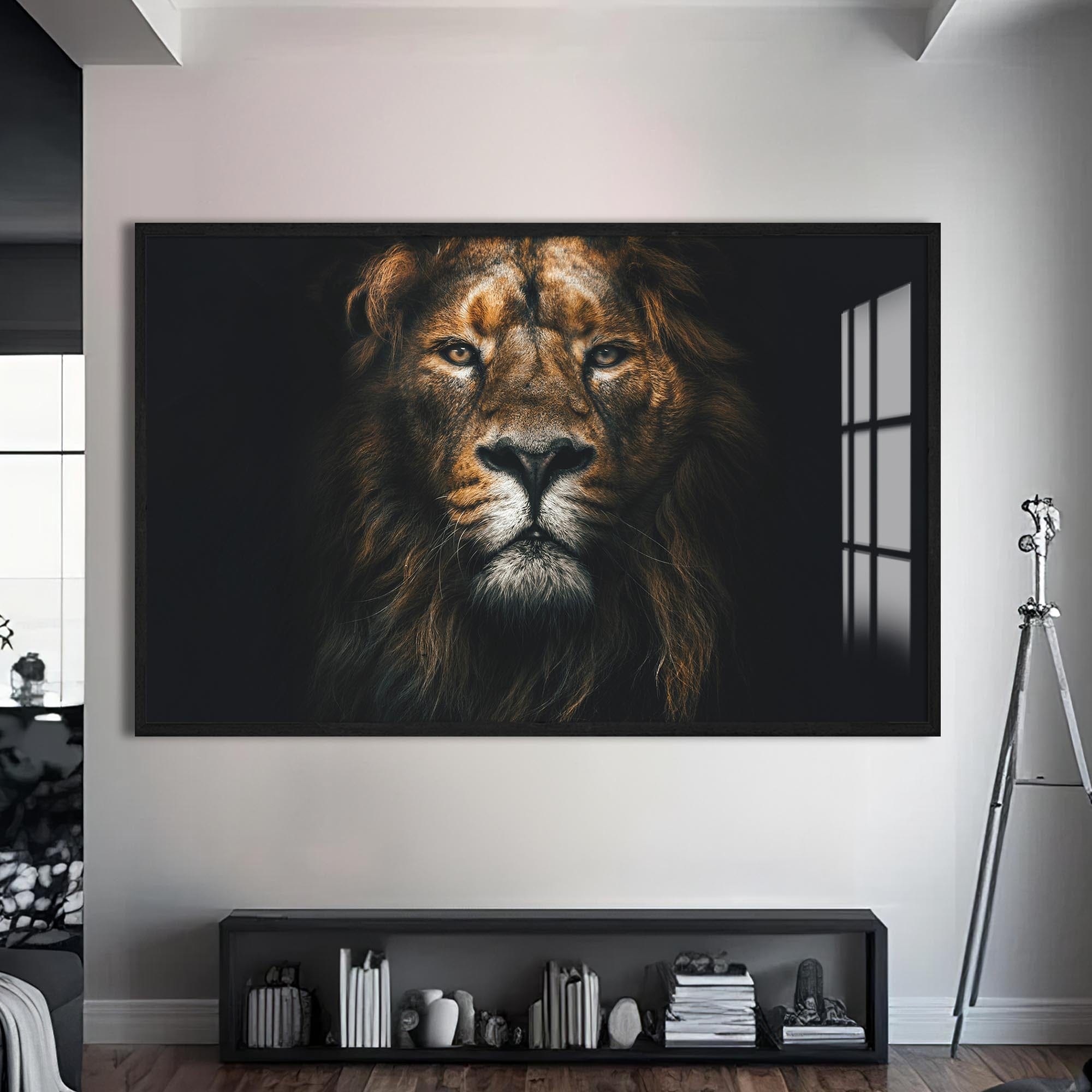 Artronauts Glass Print S | 72x46 cm | 28.3"x18.1" / Black Regal Light Lion – Animal Tempered Glass Wall Art
