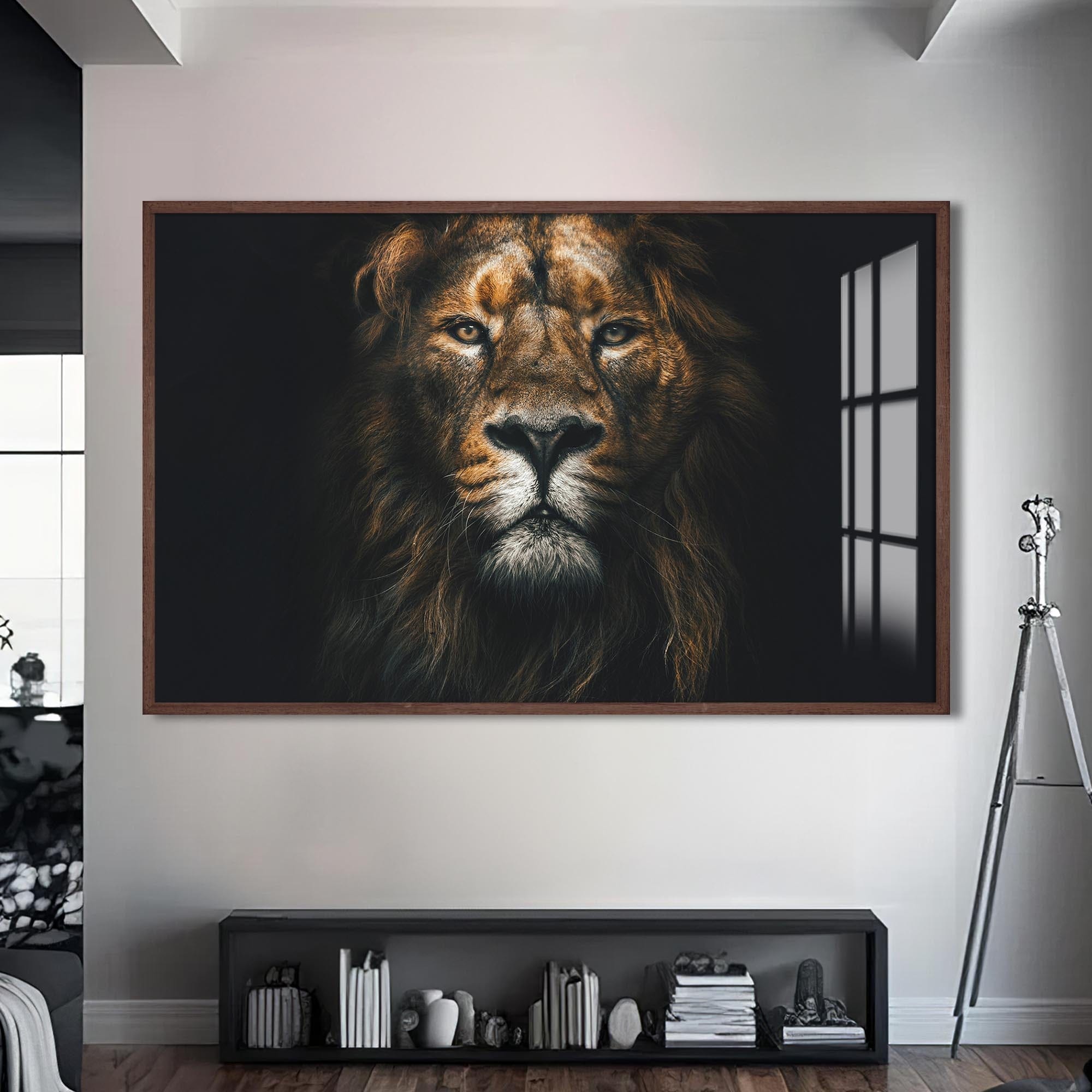 Artronauts Glass Print S | 72x46 cm | 28.3"x18.1" / Walnut Regal Light Lion – Animal Tempered Glass Wall Art