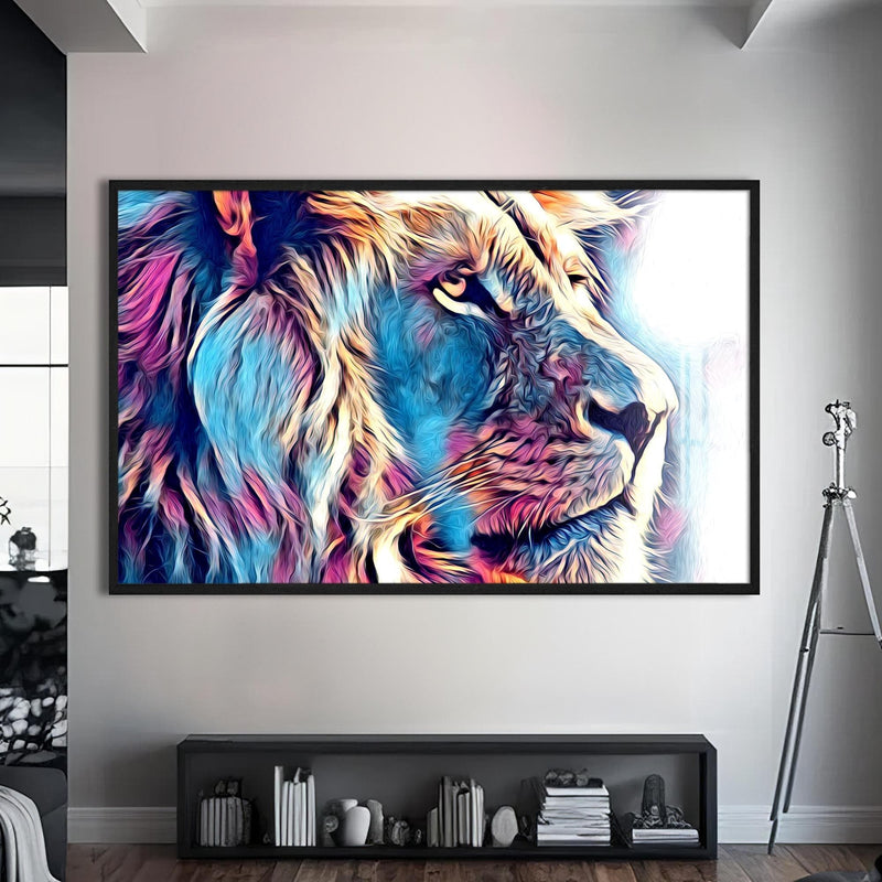 Artronauts Glass Print S | 72x46 cm | 28.3"x18.1" / Black Prism Aura Lion – Animal Tempered Glass Wall Art