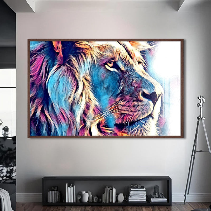 Artronauts Glass Print S | 72x46 cm | 28.3"x18.1" / Walnut Prism Aura Lion – Animal Tempered Glass Wall Art