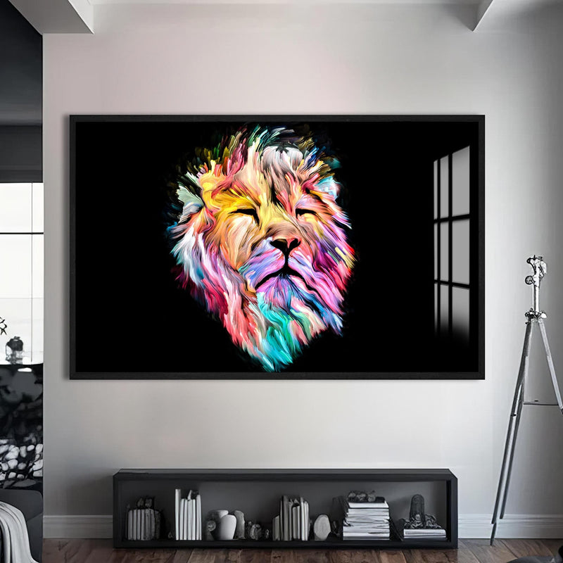 Artronauts Glass Print S | 72x46 cm | 28.3"x18.1" / Black Cosmic Light Lion – Animal Tempered Glass Wall Art