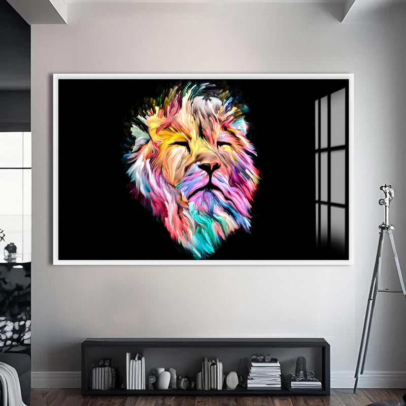 Artronauts Glass Print S | 72x46 cm | 28.3"x18.1" / White Cosmic Light Lion – Animal Tempered Glass Wall Art