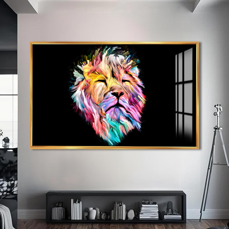 Artronauts Glass Print S | 72x46 cm | 28.3"x18.1" / Gold Cosmic Light Lion – Animal Tempered Glass Wall Art