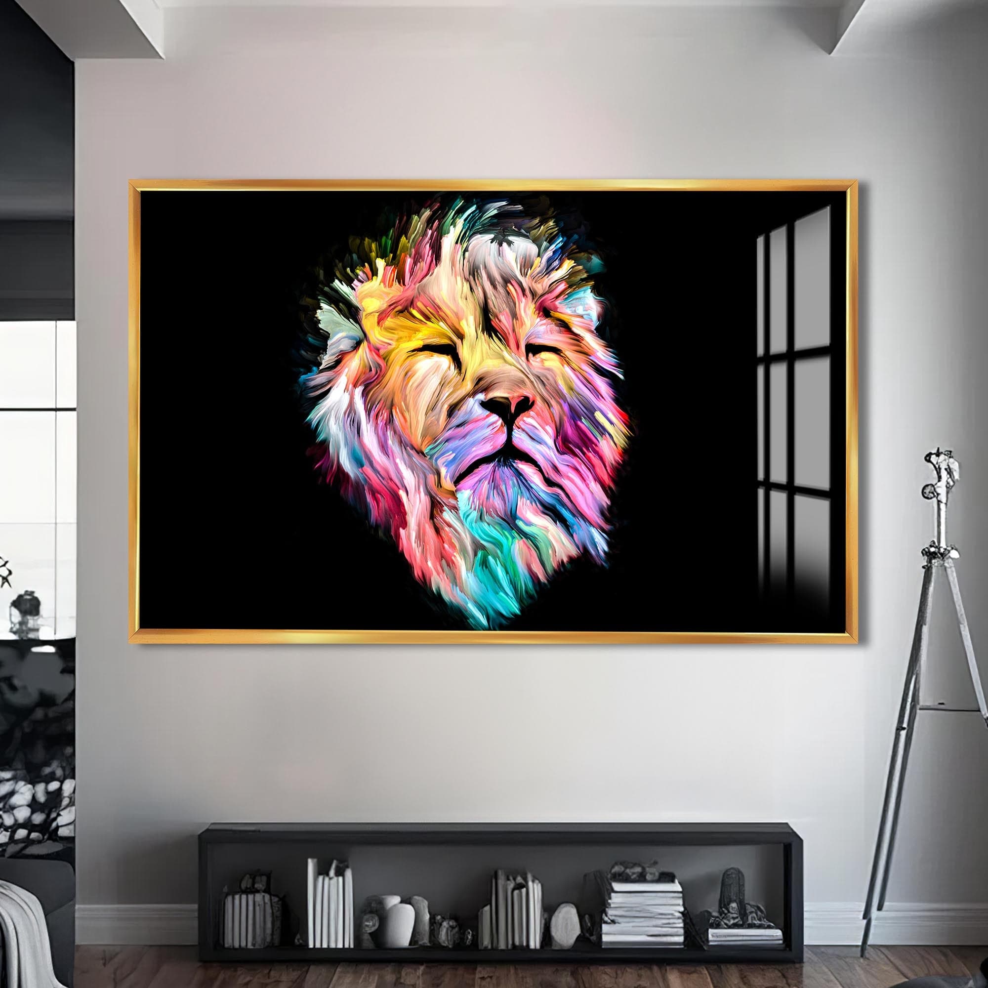 Artronauts Glass Print S | 72x46 cm | 28.3"x18.1" / Gold Cosmic Light Lion – Animal Tempered Glass Wall Art