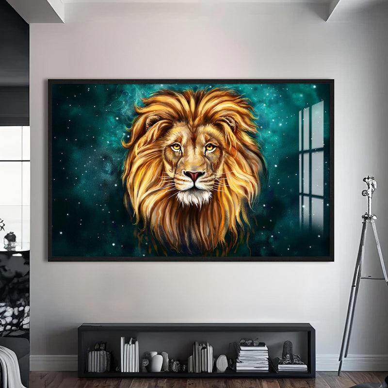 Artronauts Glass Print S | 72x46 cm | 28.3"x18.1" / Black Mystic Galaxy Lion – Animal Tempered Glass Wall Art