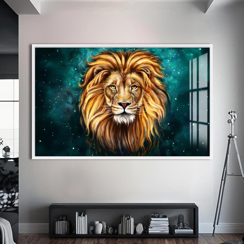 Artronauts Glass Print S | 72x46 cm | 28.3"x18.1" / White Mystic Galaxy Lion – Animal Tempered Glass Wall Art