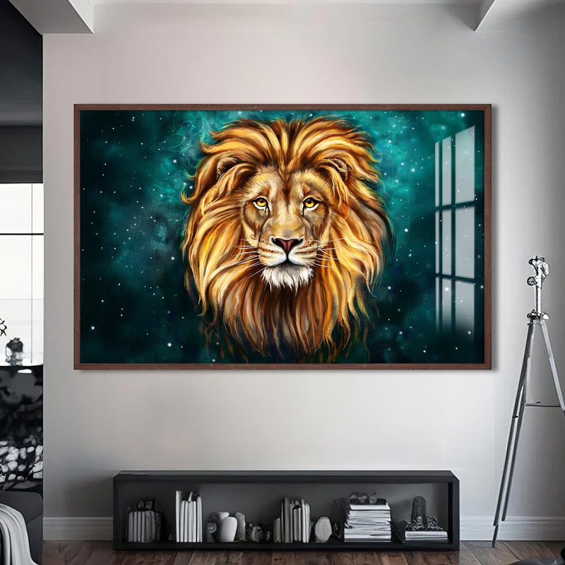Artronauts Glass Print S | 72x46 cm | 28.3"x18.1" / Walnut Mystic Galaxy Lion – Animal Tempered Glass Wall Art