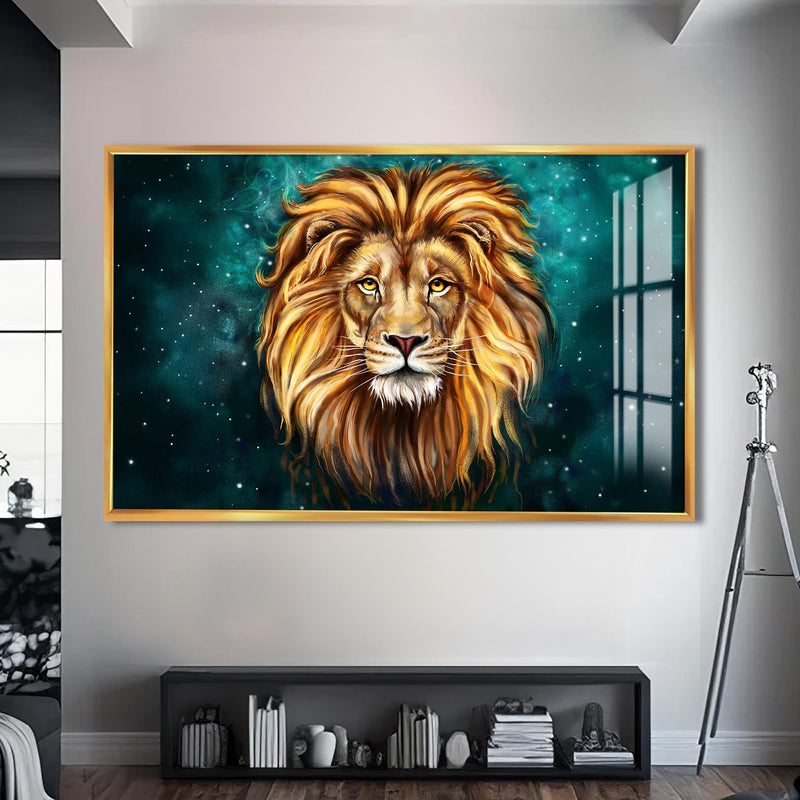 Artronauts Glass Print S | 72x46 cm | 28.3"x18.1" / Gold Mystic Galaxy Lion – Animal Tempered Glass Wall Art