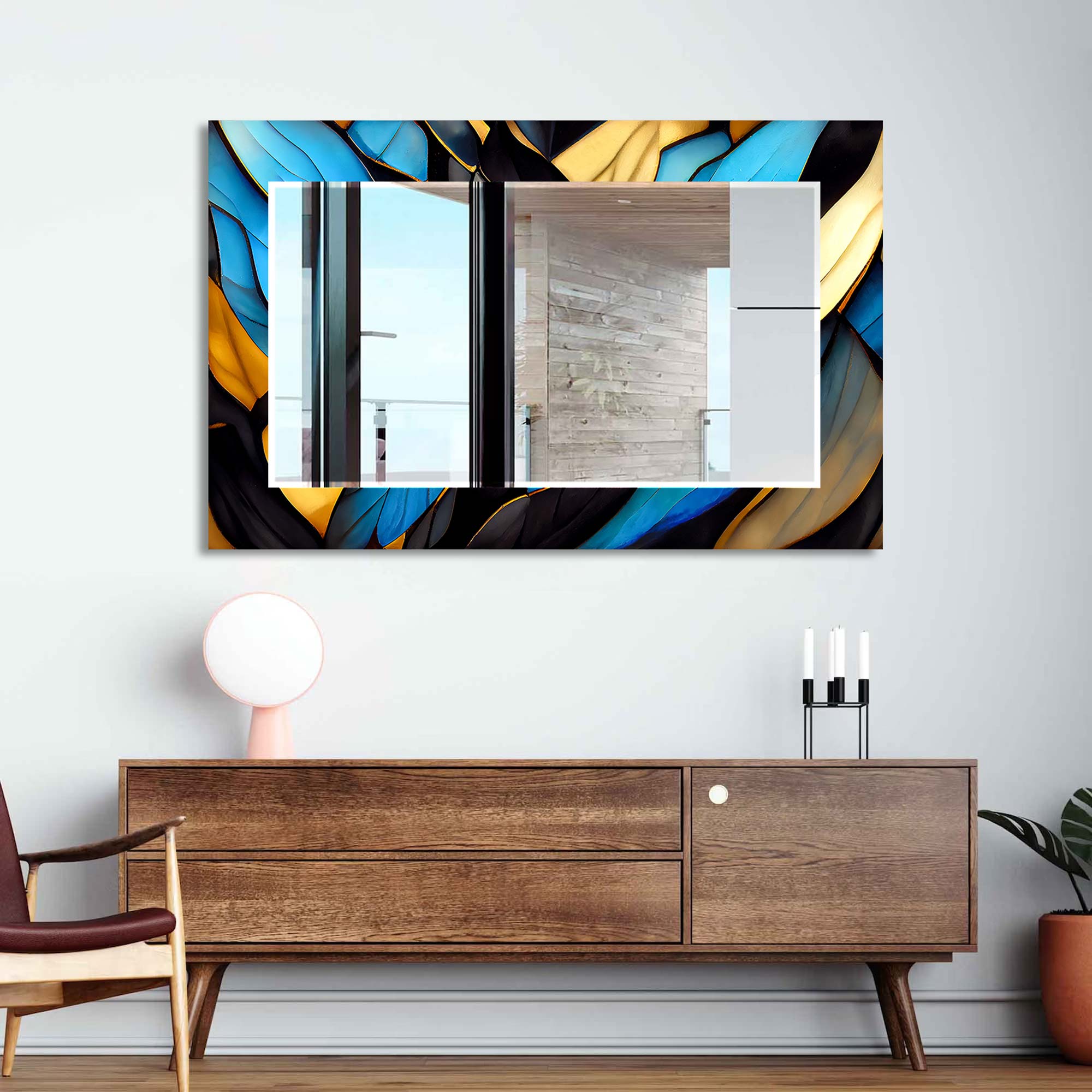 Floral Abstract Blue Tempered Glass Mirror