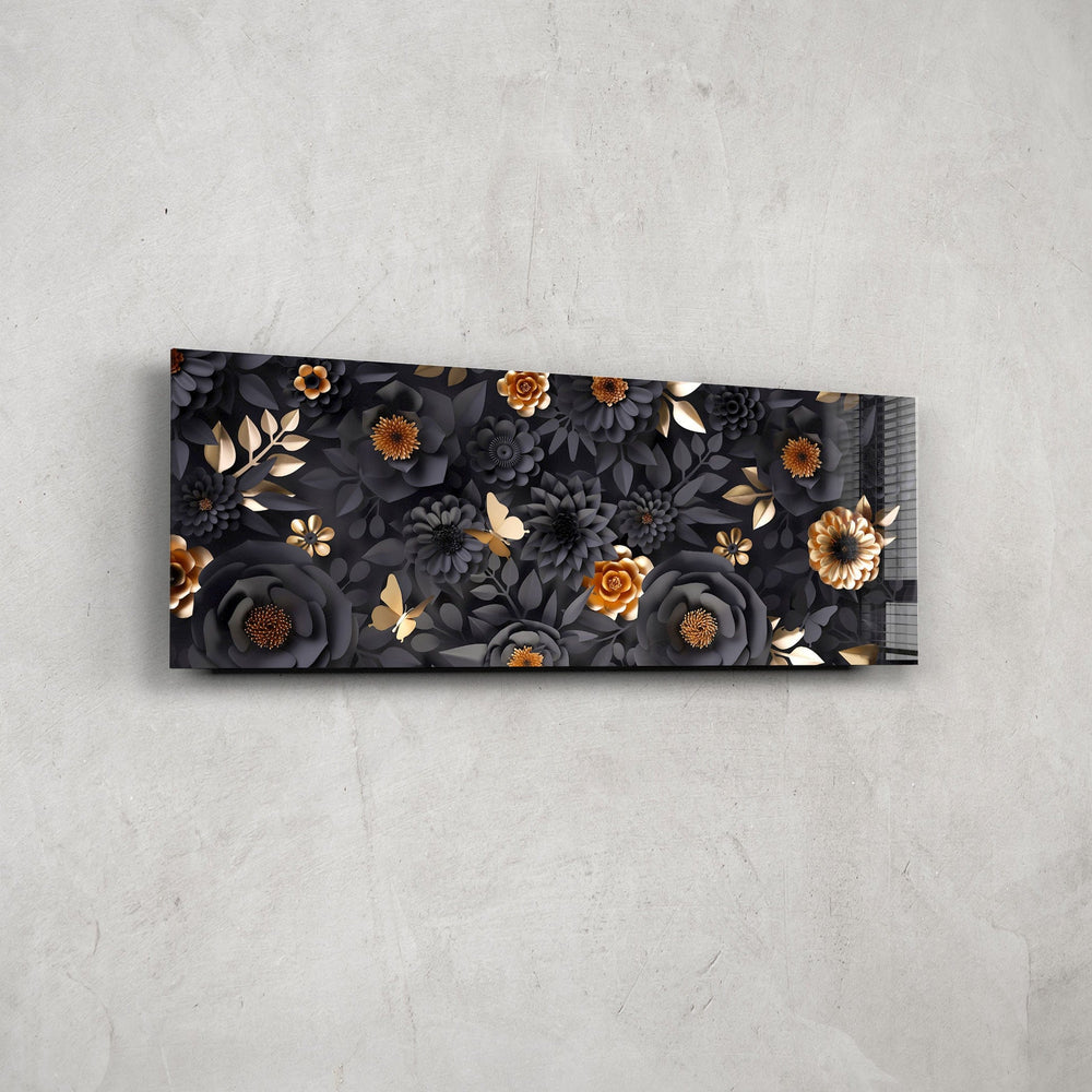Artronauts Glass Print 92x36cm Black & Gold Flowers - Panoramic