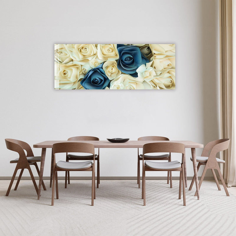 Artronauts Glass Print 92x36cm White & Blue Roses - Panoramic
