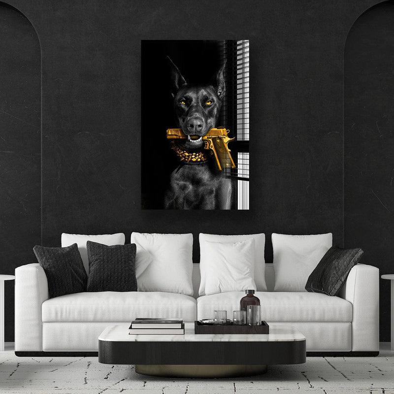 Artronauts Glass Print Doberman Holds a Gun