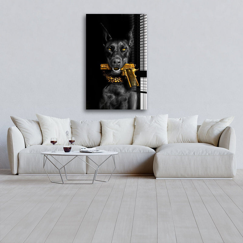 Artronauts Glass Print Doberman Holds a Gun