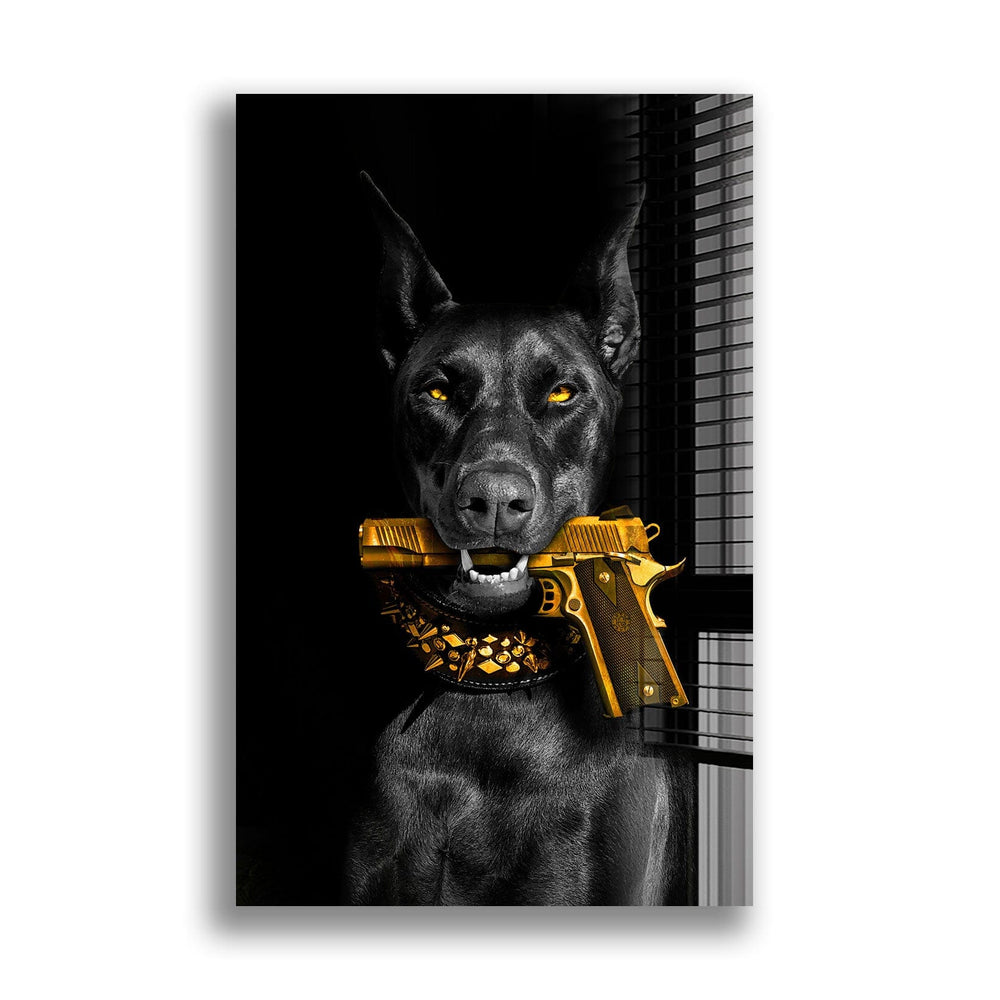 Artronauts Glass Print Doberman Holds a Gun