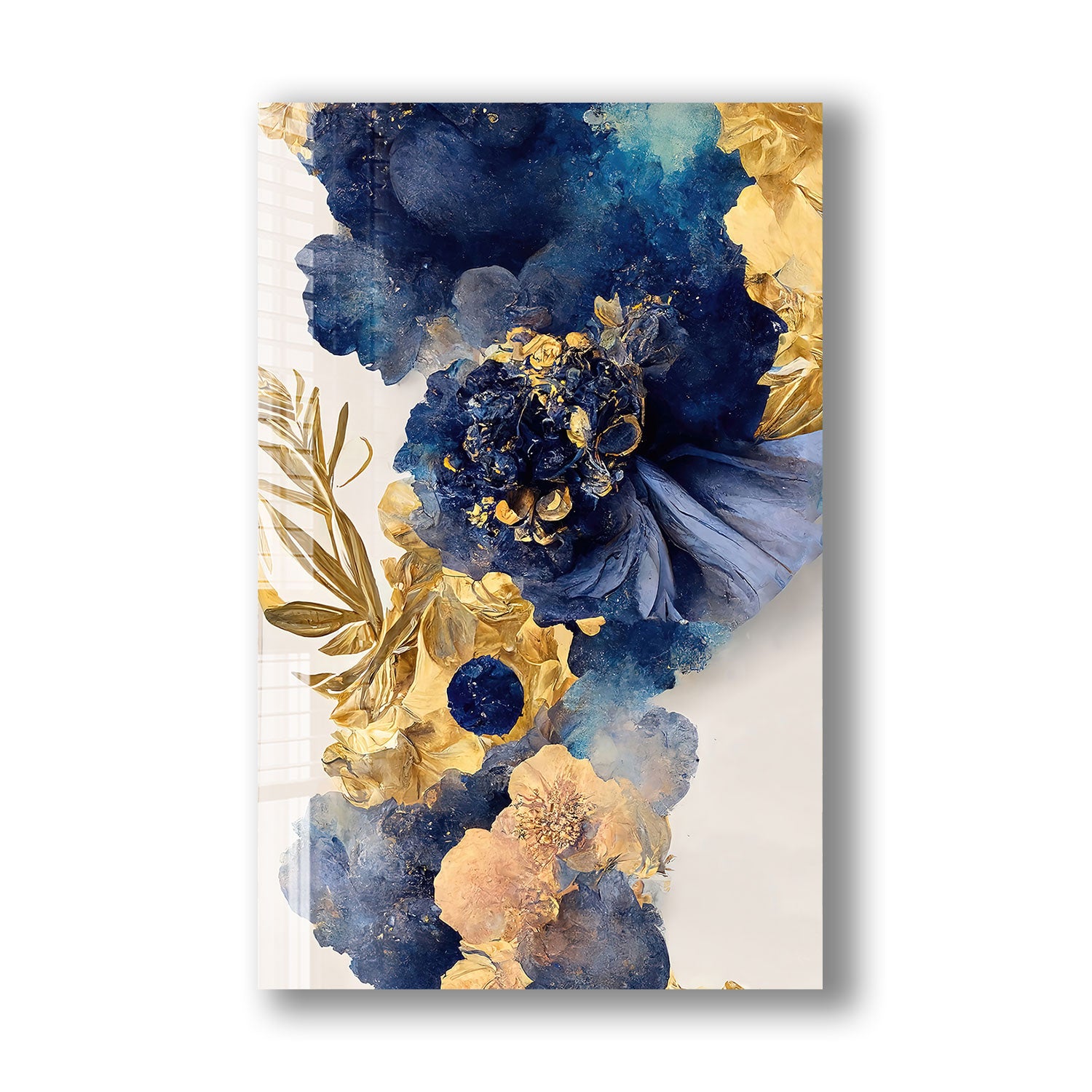 Abstract Blue&Gold Flower - Tempered Glass Wall Art