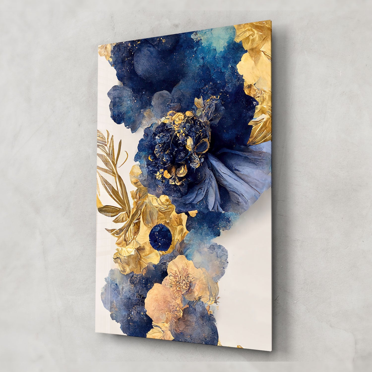 Abstract Blue&Gold Flower - Tempered Glass Wall Art