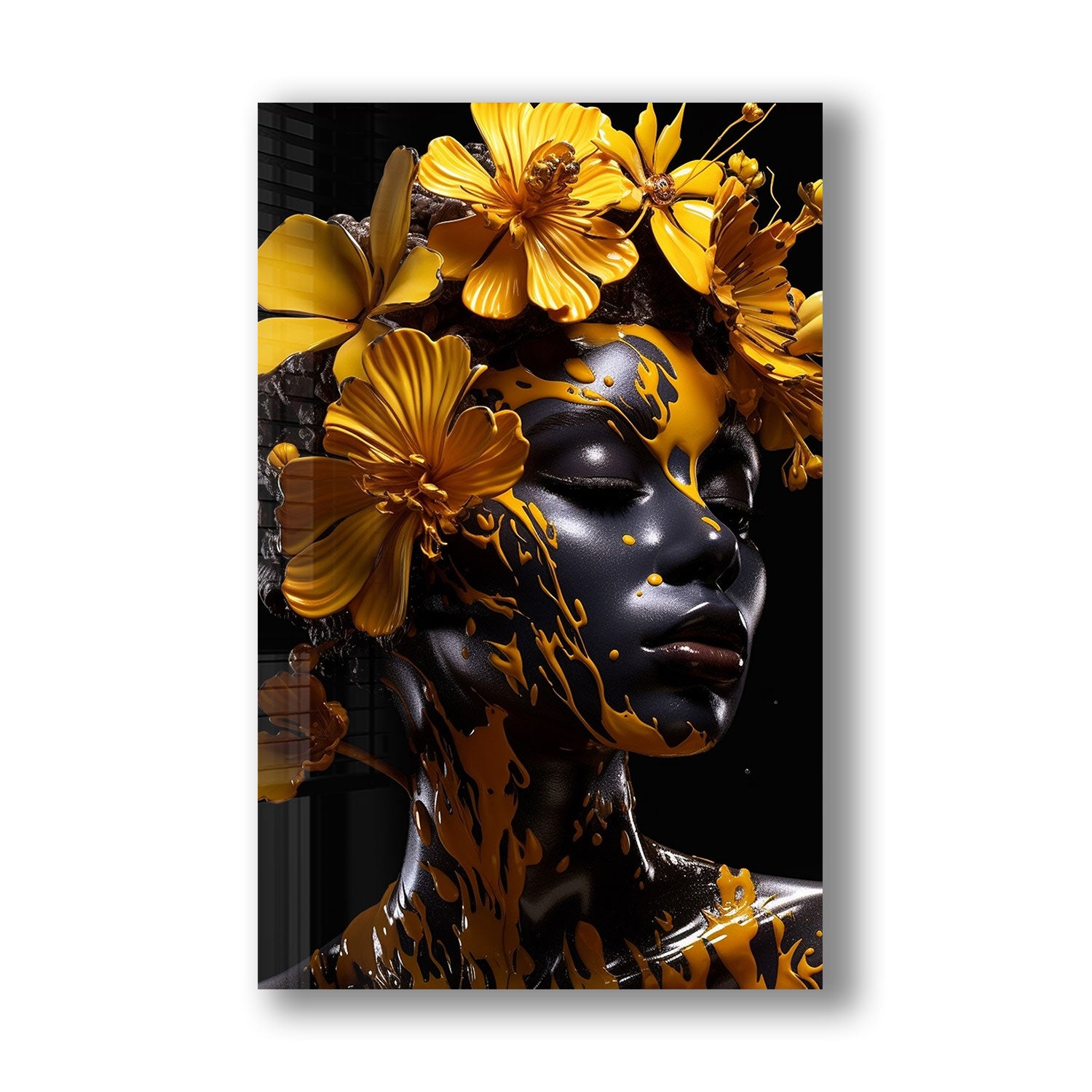 Yellow Floral Woman - Tempered Glass Wall Art