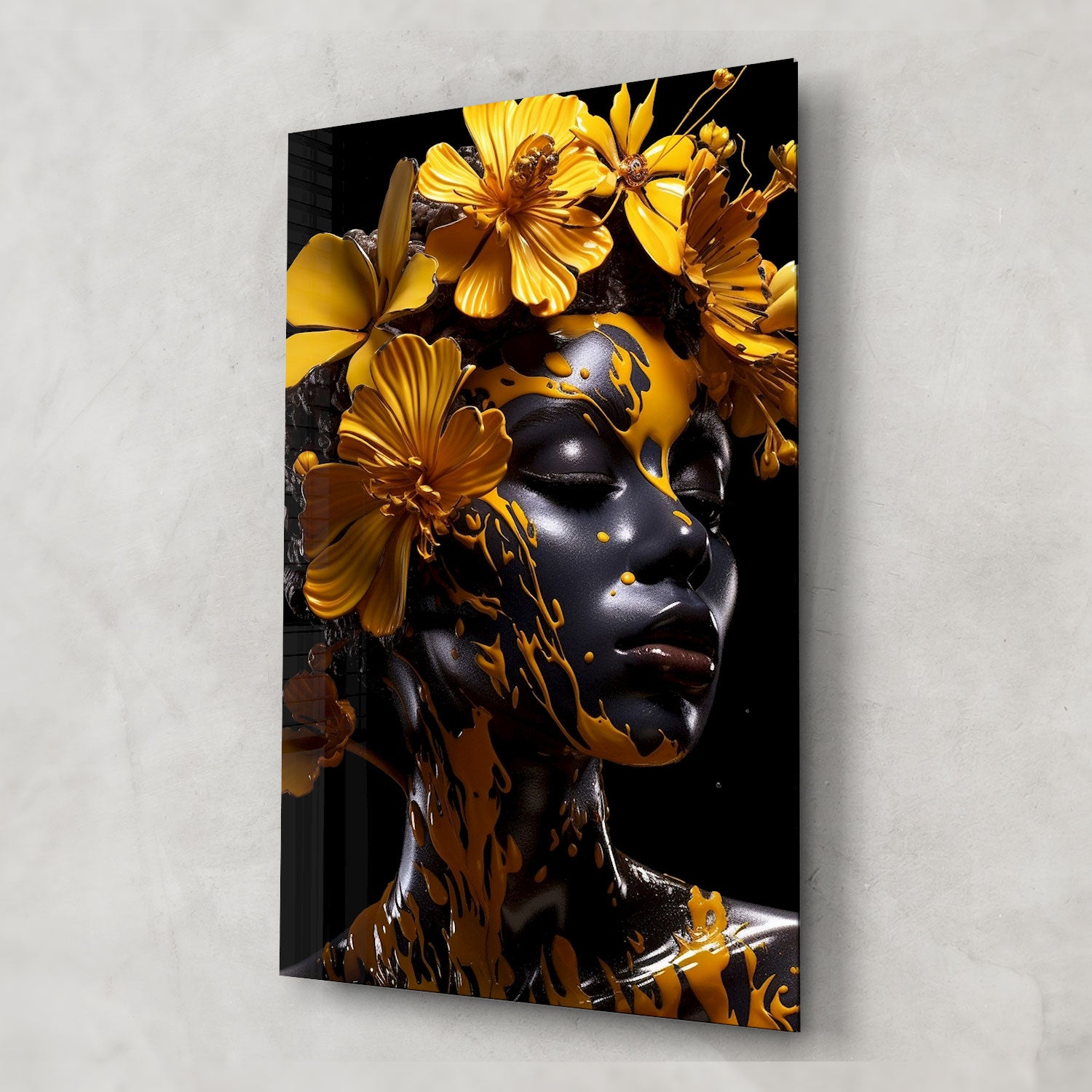 Yellow Floral Woman - Tempered Glass Wall Art